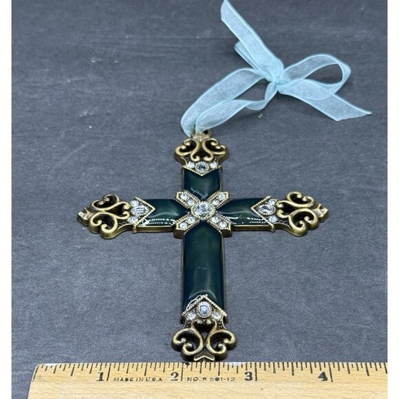 Enameled Metal Cross Ornament Rhinestone Ribbon Antiqued Christmas Holiday Decor - Picture 5 of 5
